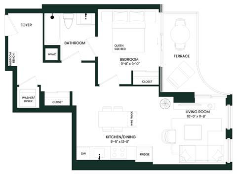 Floor plan for 1 bed, 1 bath, 622 sqft